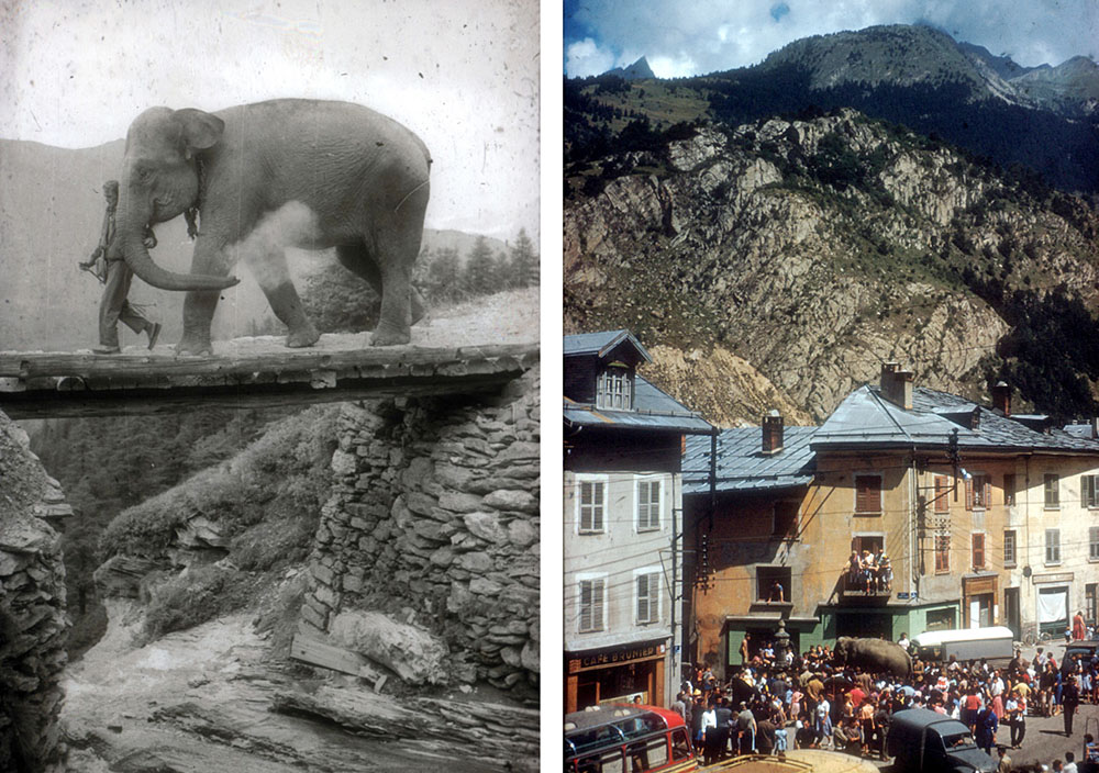 Jumbo attraversa uno stretto ponte e si abbevera alla fontana di Modane